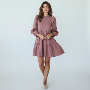 Moodie Pure Cotton Ruffle Sleeve Pocket Front Mini Dress mauve dress S